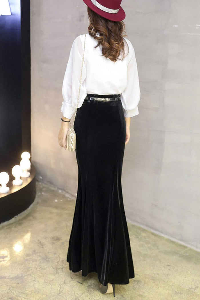 ebossy Women's High Waist Bodycon Velvet Fishtail Mermaid Maxi Skirt Evening Party