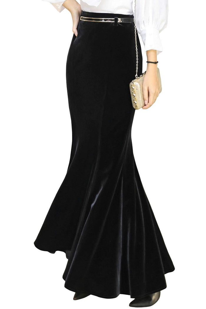 ebossy Women's High Waist Bodycon Velvet Fishtail Mermaid Maxi Skirt Evening Party