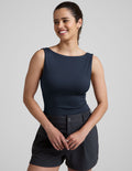 blue boat neck tank top with a square back neckline.