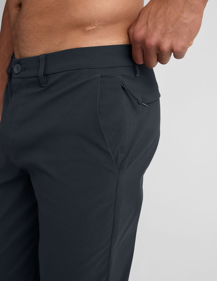 Close-up side view of Essential Men's Chino 32" Trouser in gray, showing belt loops, side pocket, and hidden zipper pocket.