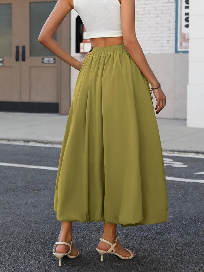 ELLEVEN Women's Bubble Maxi Skirt, Elastic Waist Puffy Hem A-Line Skirts