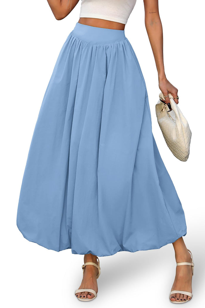ELLEVEN Women's Bubble Maxi Skirt, Elastic Waist Puffy Hem A-Line Skirts