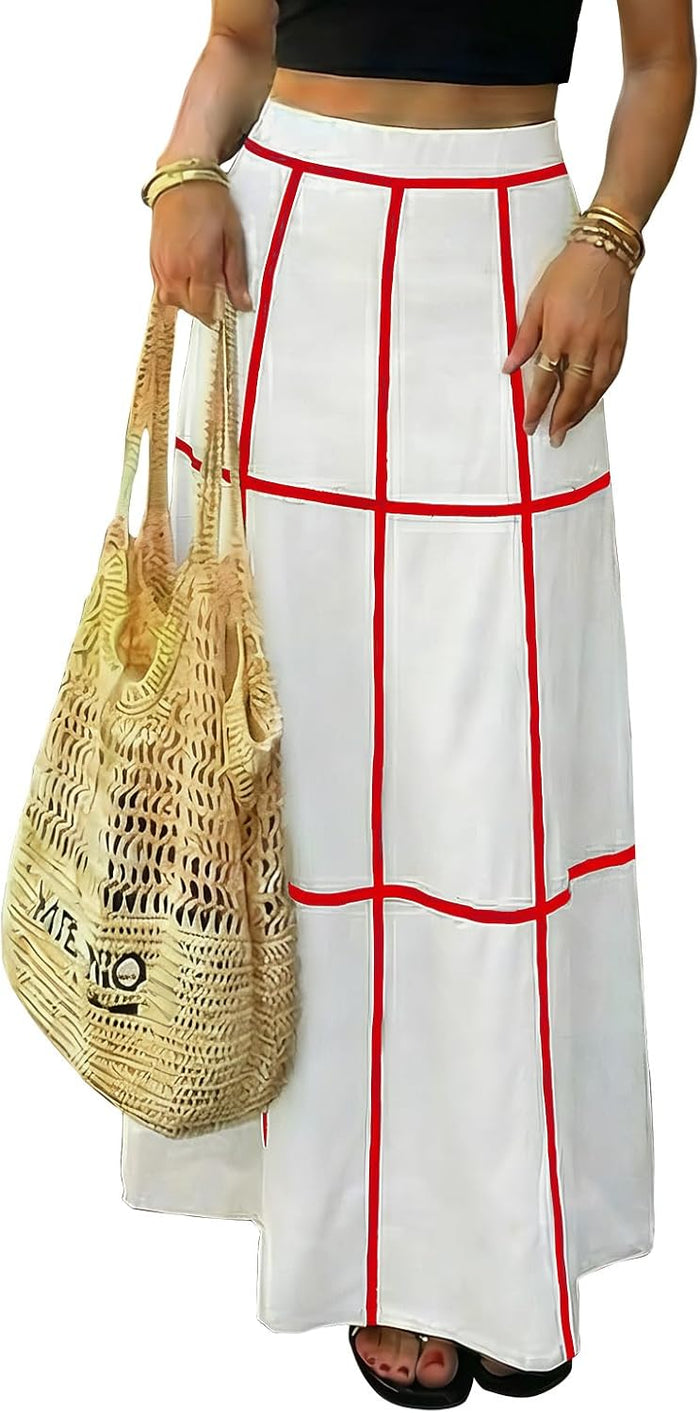 EXLURA Womens Boho Maxi Skirts Summer Flowy Faux Linen Long Skirts Pockets
