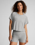 gray short sleeve loose-fitting cropped tee with a scoop neckline.