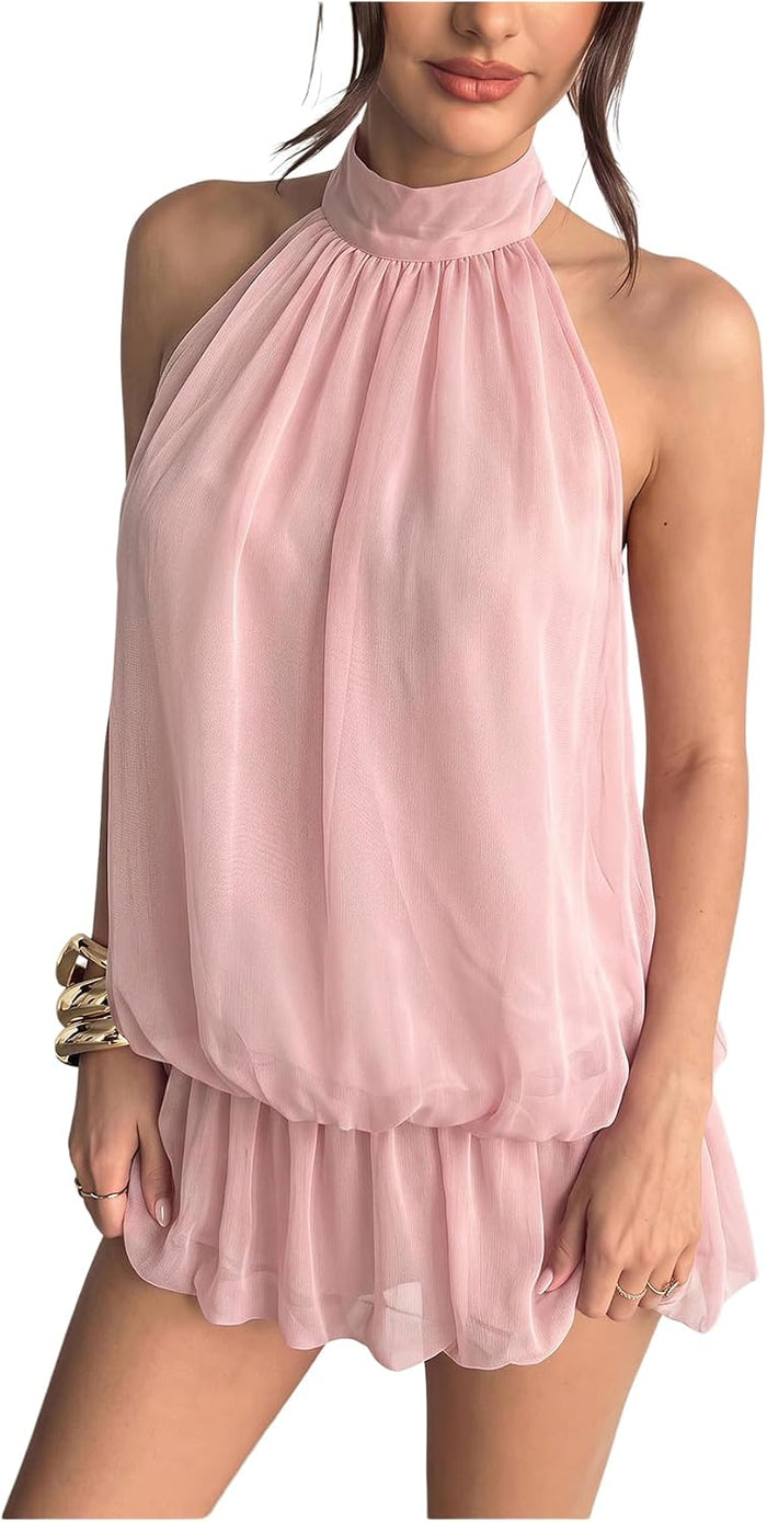 Floerns Women Backless Sleeveless Ruffle Bubble Hem Mesh Halter Mini Dress
