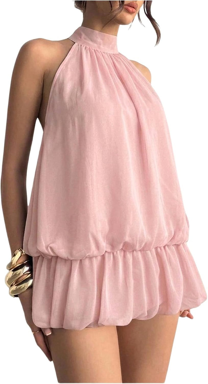 Floerns Women Backless Sleeveless Ruffle Bubble Hem Mesh Halter Mini Dress