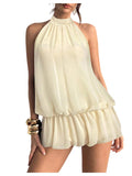 Floerns Women Backless Sleeveless Ruffle Bubble Hem Mesh Halter Mini Dress