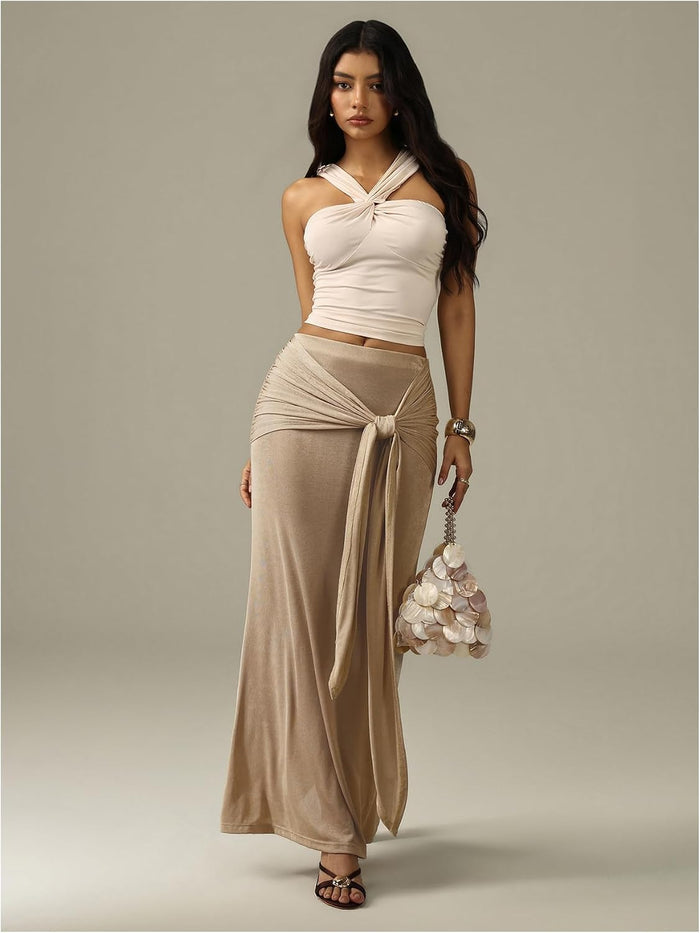 Floerns Women Elegant Boho Wrap Ruched Maxi Fishtail Bodycon Long Skirts