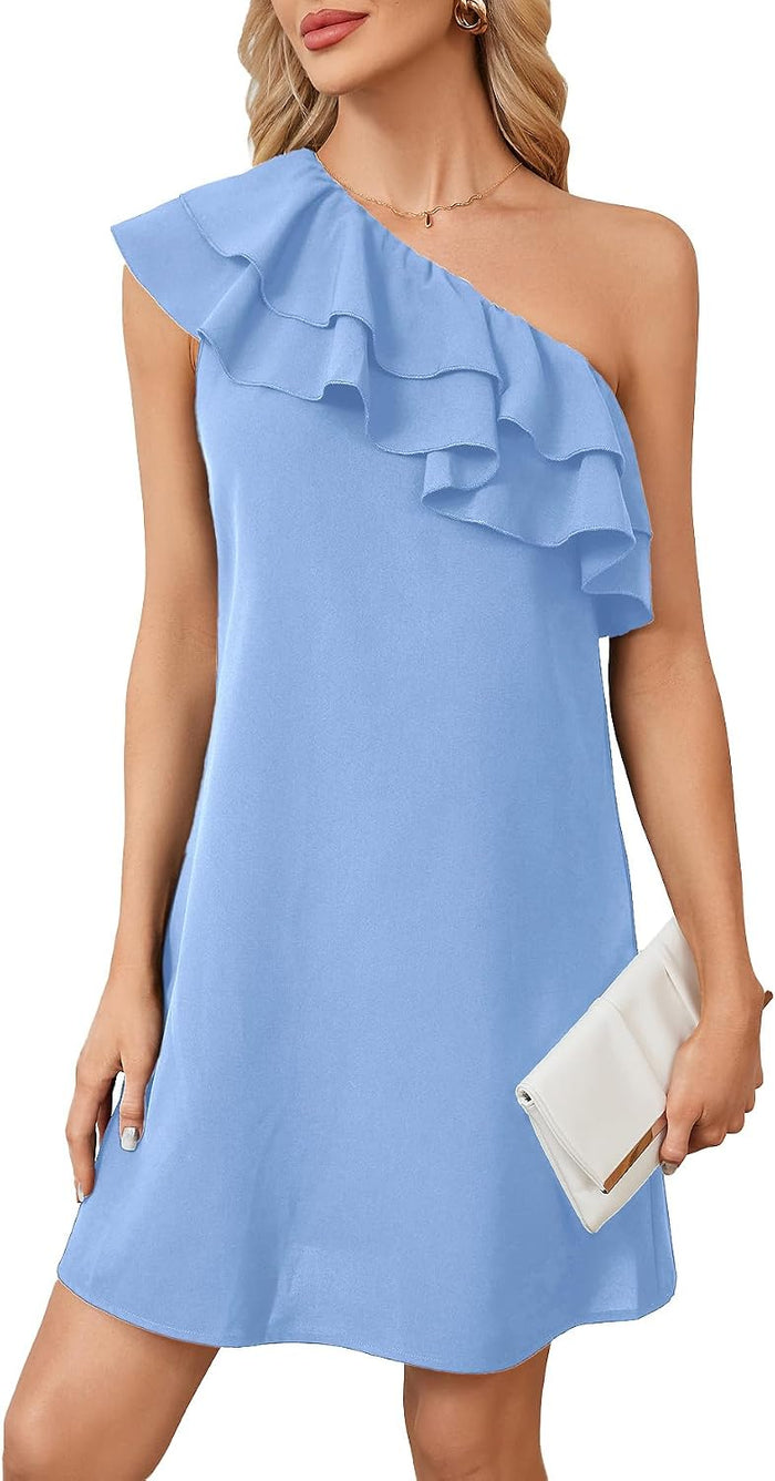Floerns Women's One Shoulder Tiered Layered Sleeveless Ruffle Trim Tunic Dress