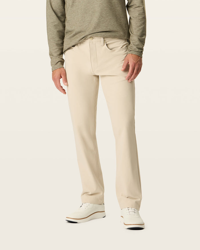 Front view of model wearing Sahara Khaki Go Airweave 5-Pocket, Straight Fit.
