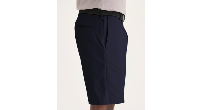 Side view of model wearing Navy Blazer Go Airweave Short.