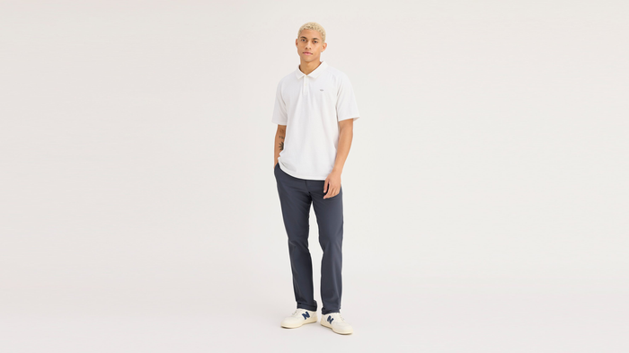 View of model wearing Ombre Blue Go Airweave Chino, Slim Fit.