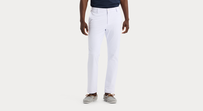 View of model wearing Lucent White Go Chino, Slim Fit with Airweave.