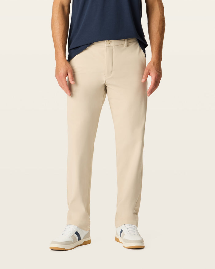 Front view of model wearing Sahara Khaki Go Airweave Chino, Slim Fit.