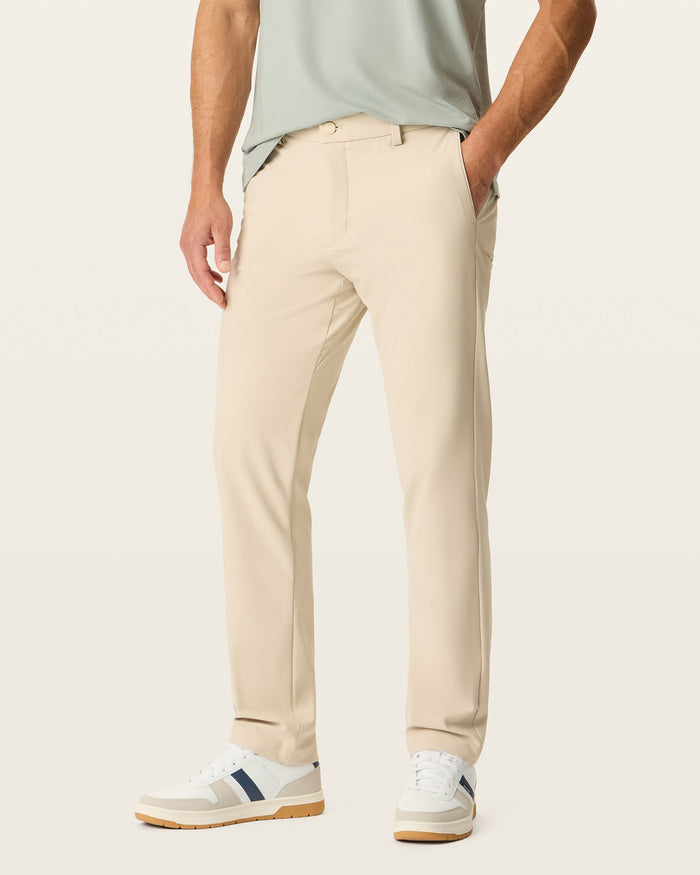 Side view of model wearing Sahara Khaki Go Airweave Chino, Straight Fit.