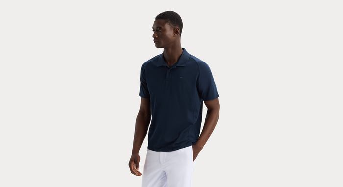 View of model wearing Navy Blazer Go Polo, Regular Fit.