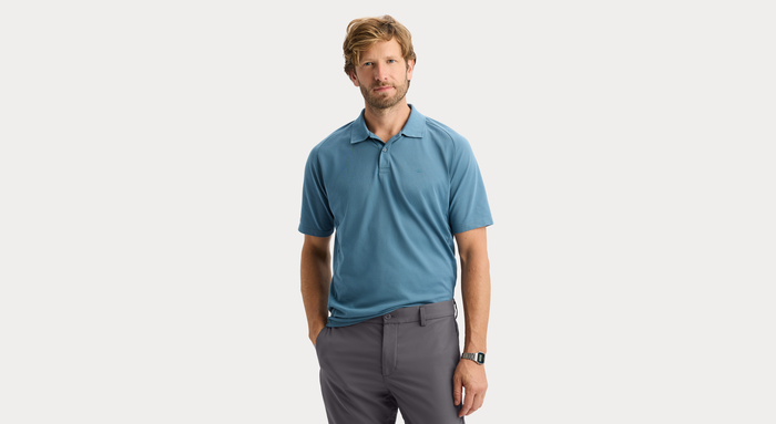 View of model wearing Bluestone Go Polo, Regular Fit.