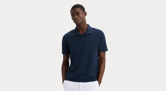 View of model wearing Navy Blazer Go Polo, Regular Fit.