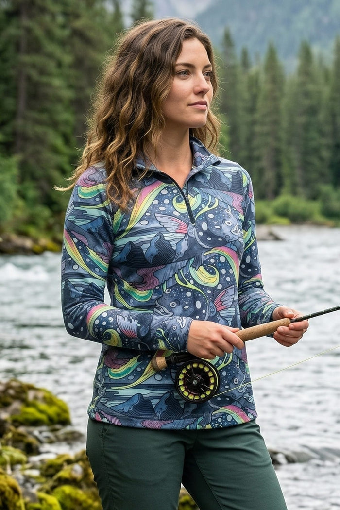 Woman in a patterned jacket holding a fly fishing rod by a river with trees in the background