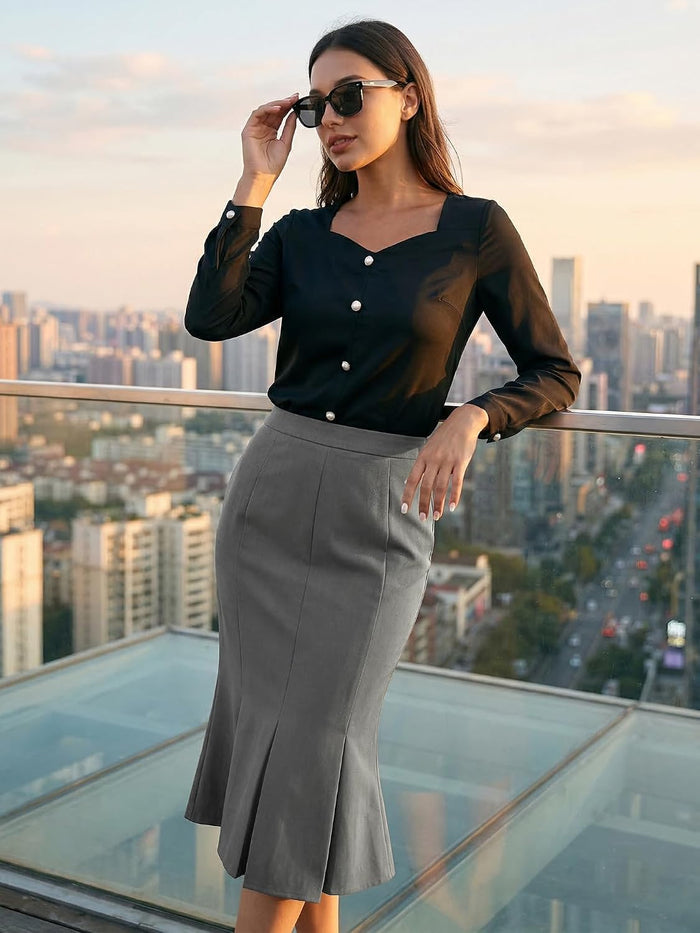 Hobemty Women's Elegant Formal Skirt with Belt Knee Length Fishtail Pencil Skirt