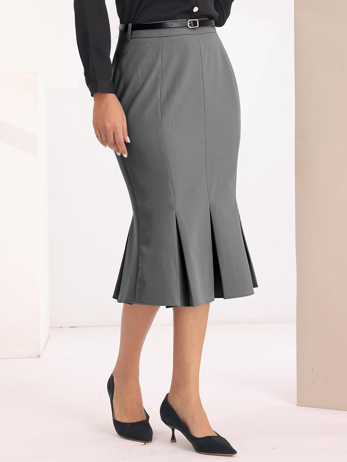 Hobemty Women's Elegant Formal Skirt with Belt Knee Length Fishtail Pencil Skirt