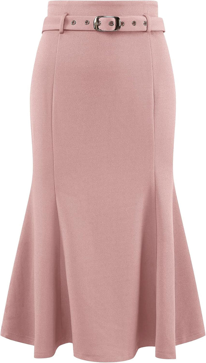 Hobemty Women's Fishtail Skirt High Waist Belted Work Midi Mermaid Skirts
