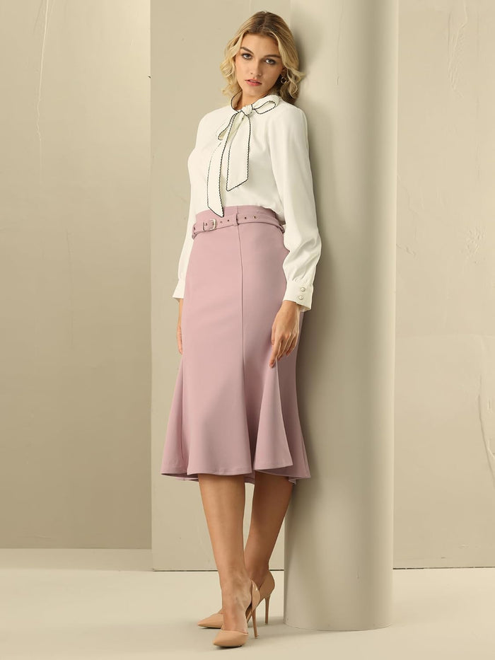 Hobemty Women's Fishtail Skirt High Waist Belted Work Midi Mermaid Skirts