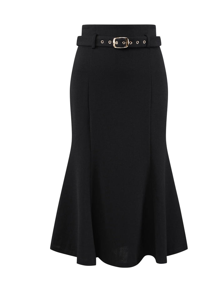 Hobemty Women's Fishtail Skirt High Waist Belted Work Midi Mermaid Skirts