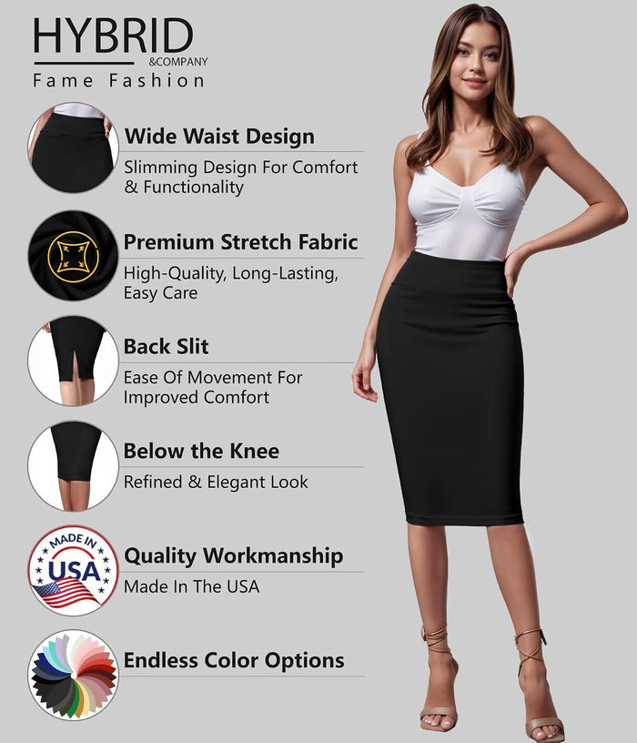 Hybrid & Company Women's Premium Nylon Ponte Stretch High Waist Pencil Suit Skirt Below Knee