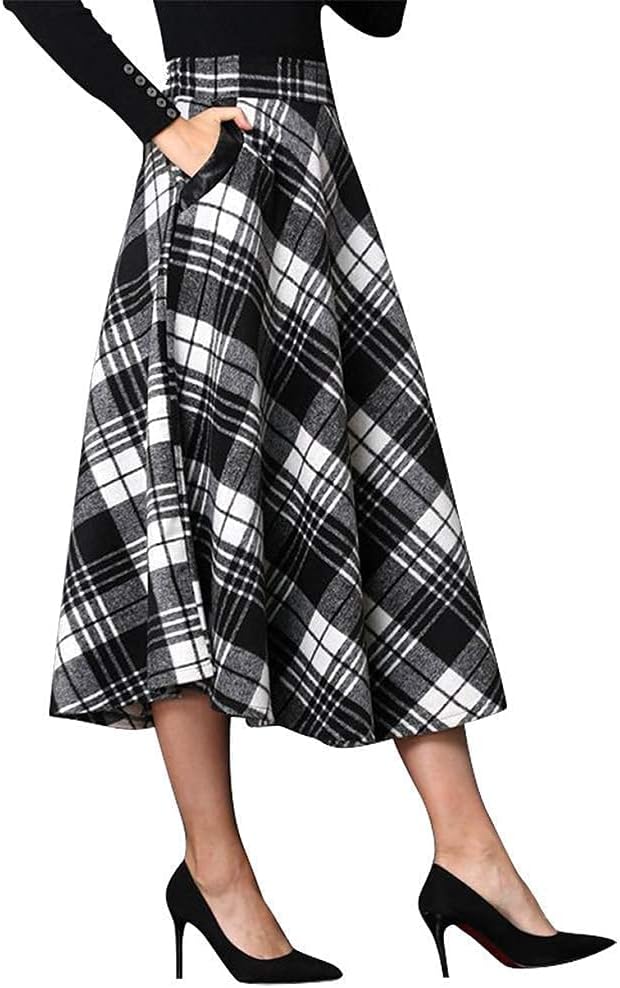 IDEALSANXUN Womens Plaid Wool Skirts Elastic Waist A-Line Pleated Tartan Long Skirts