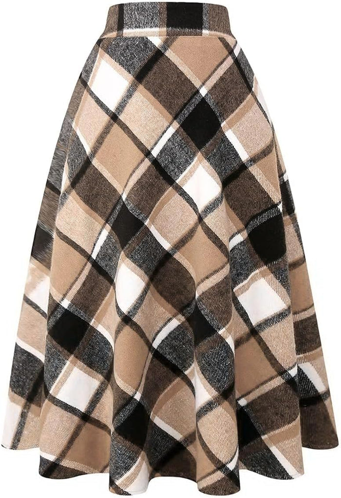 IDEALSANXUN Womens Plaid Wool Skirts Elastic Waist A-Line Pleated Tartan Long Skirts