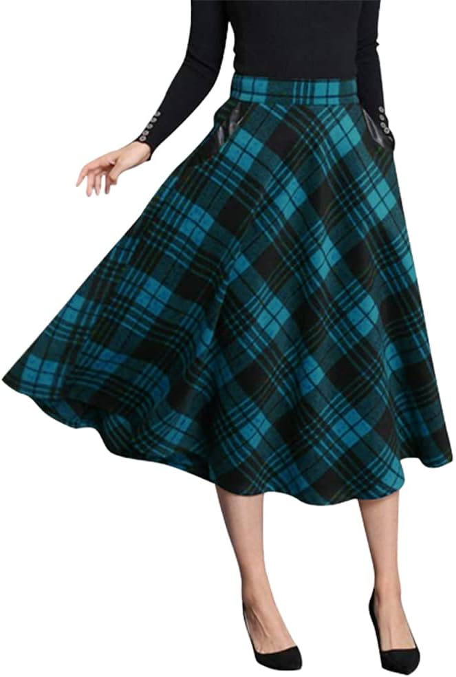 IDEALSANXUN Womens Plaid Wool Skirts Elastic Waist A-Line Pleated Tartan Long Skirts