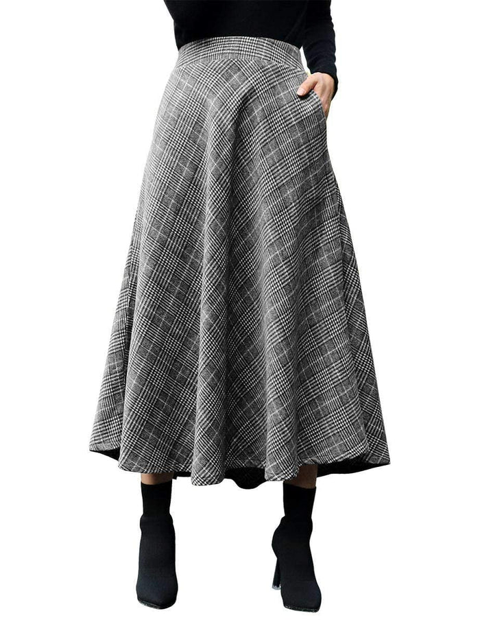 IDEALSANXUN Womens Plaid Wool Skirts Elastic Waist A-Line Pleated Tartan Long Skirts
