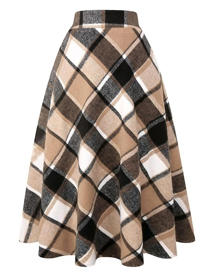 IDEALSANXUN Womens Plaid Wool Skirts Elastic Waist A-Line Pleated Tartan Long Skirts