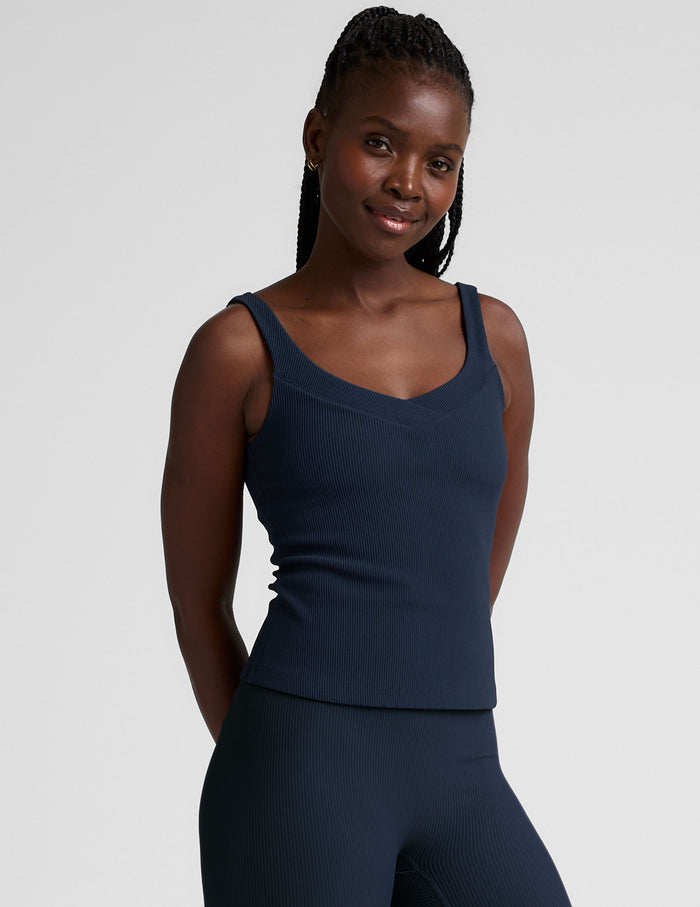 blue v-neck ribbed tank top.