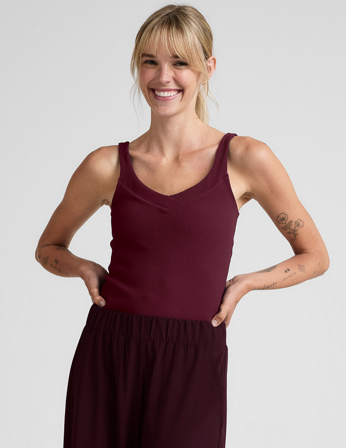 red ribbed tank top with a soft v neckline.