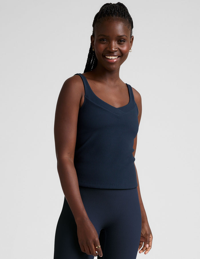 blue v-neck ribbed tank top.