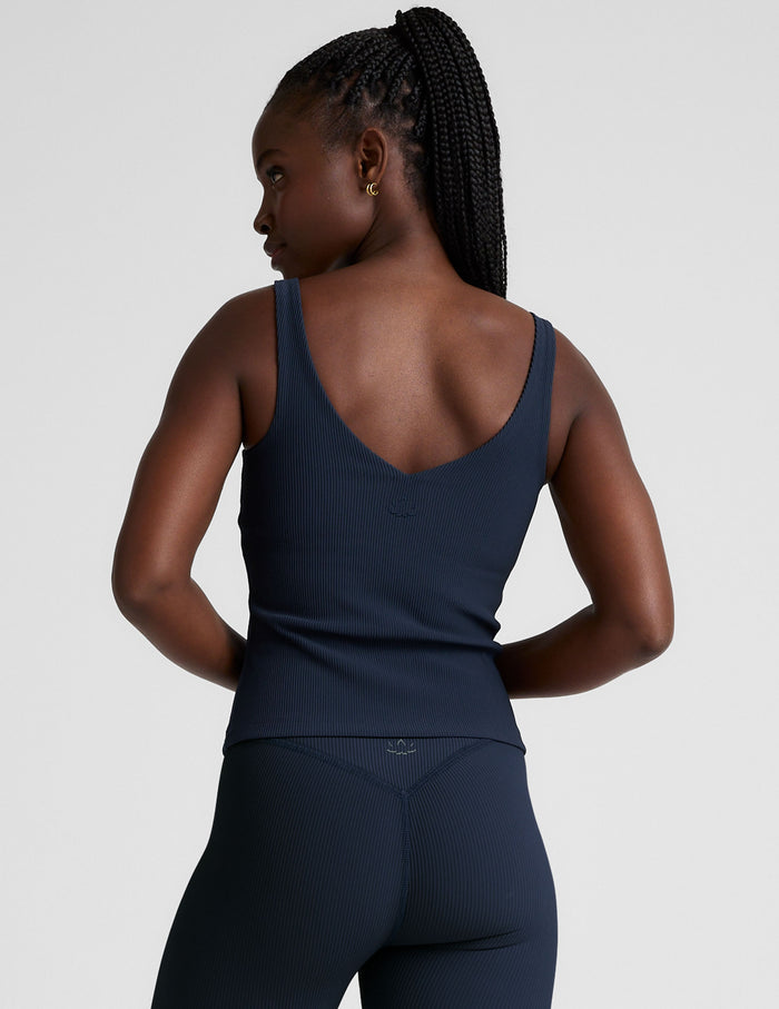 blue v-neck ribbed tank top.