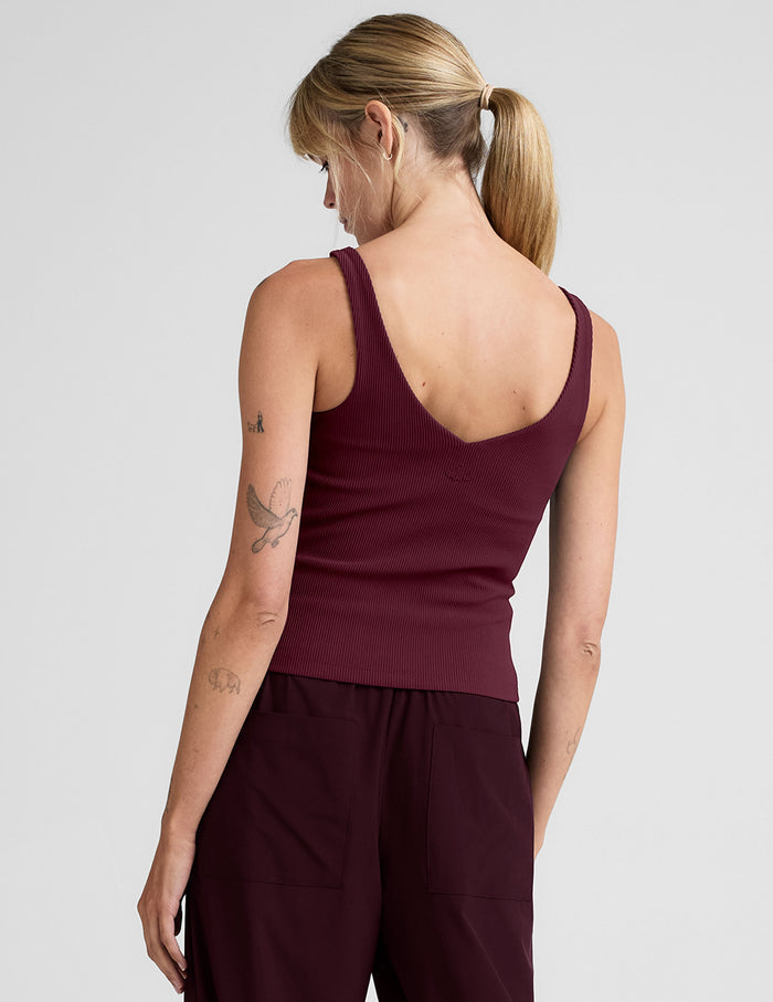 red ribbed tank top with a soft v neckline.