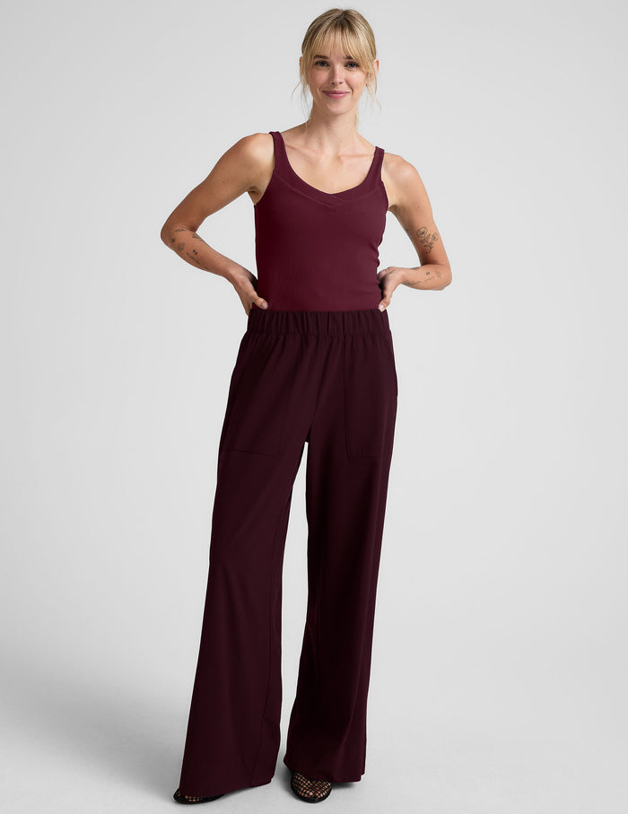 red ribbed tank top with a soft v neckline.