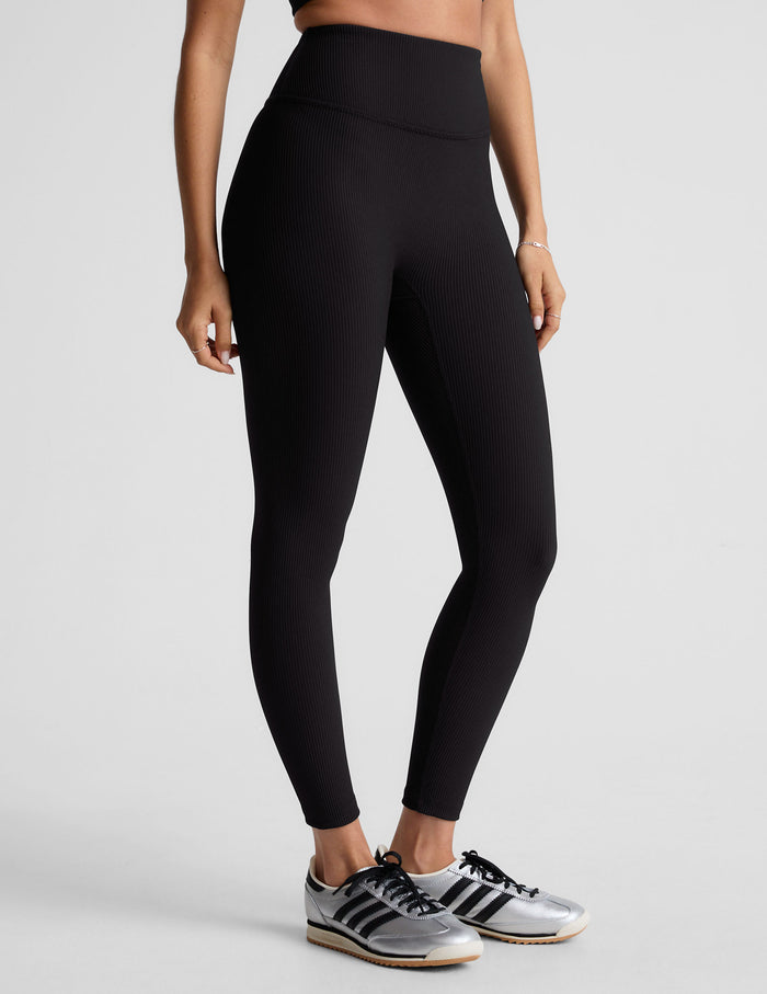 black midi length ribbed leggings with a 4" waistband.
