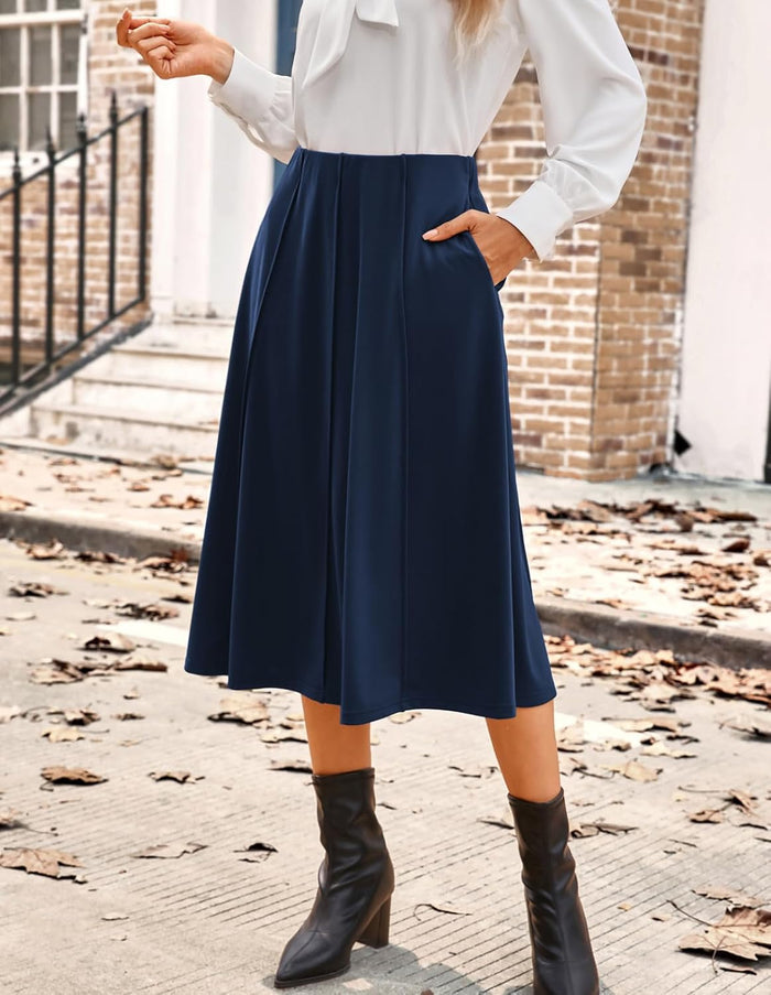 Kate Kasin Women's Midi A Line High Waisted Flowy Skirts with Pockets