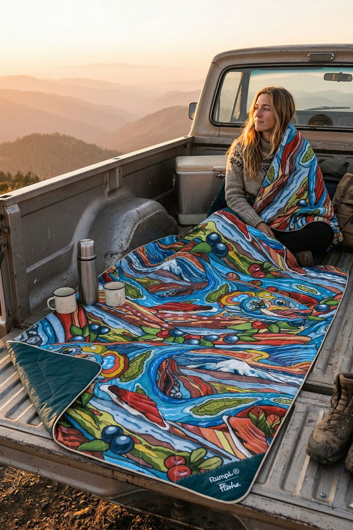 Person wrapped in a colorful blanket in the back of a pickup truck with a scenic view.