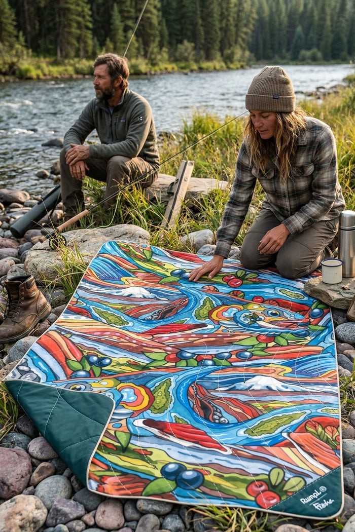 Two people sitting by a river with a colorful nature-themed blanket