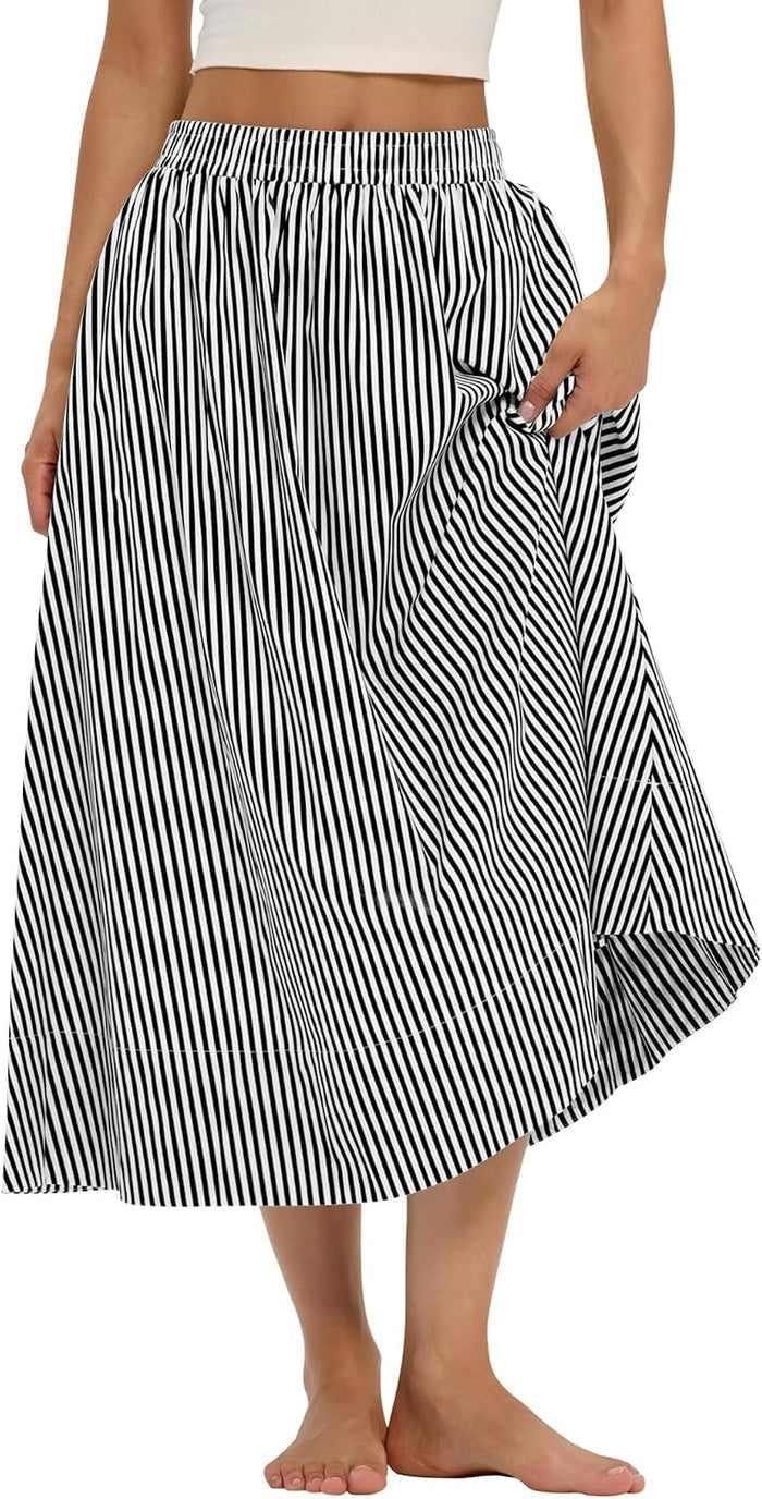 LOMON Midi Skirts for Women with Pockets A-Line Cotton Flowy Elastic Waist