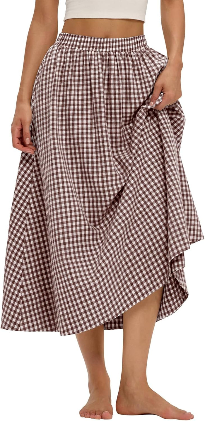 LOMON Midi Skirts for Women with Pockets A-Line Cotton Flowy Elastic Waist