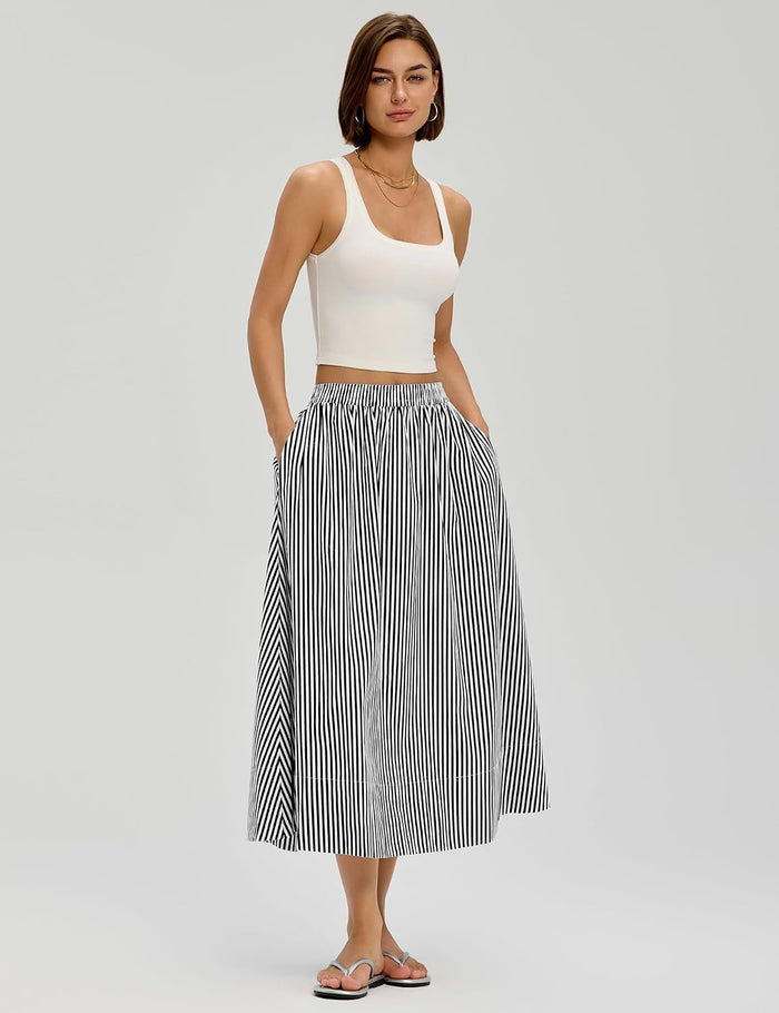 LOMON Midi Skirts for Women with Pockets A-Line Cotton Flowy Elastic Waist