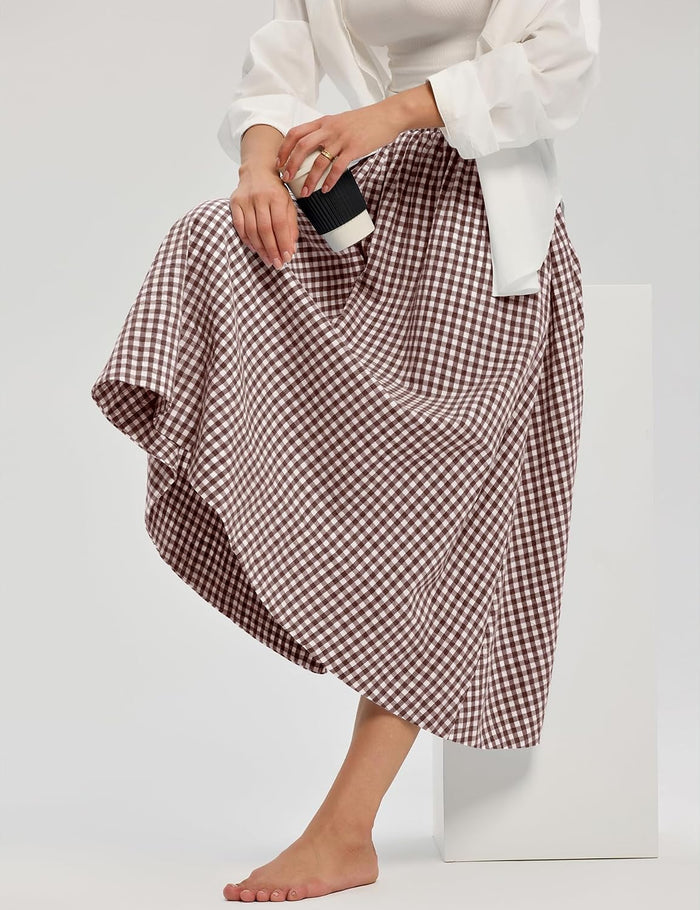 LOMON Midi Skirts for Women with Pockets A-Line Cotton Flowy Elastic Waist
