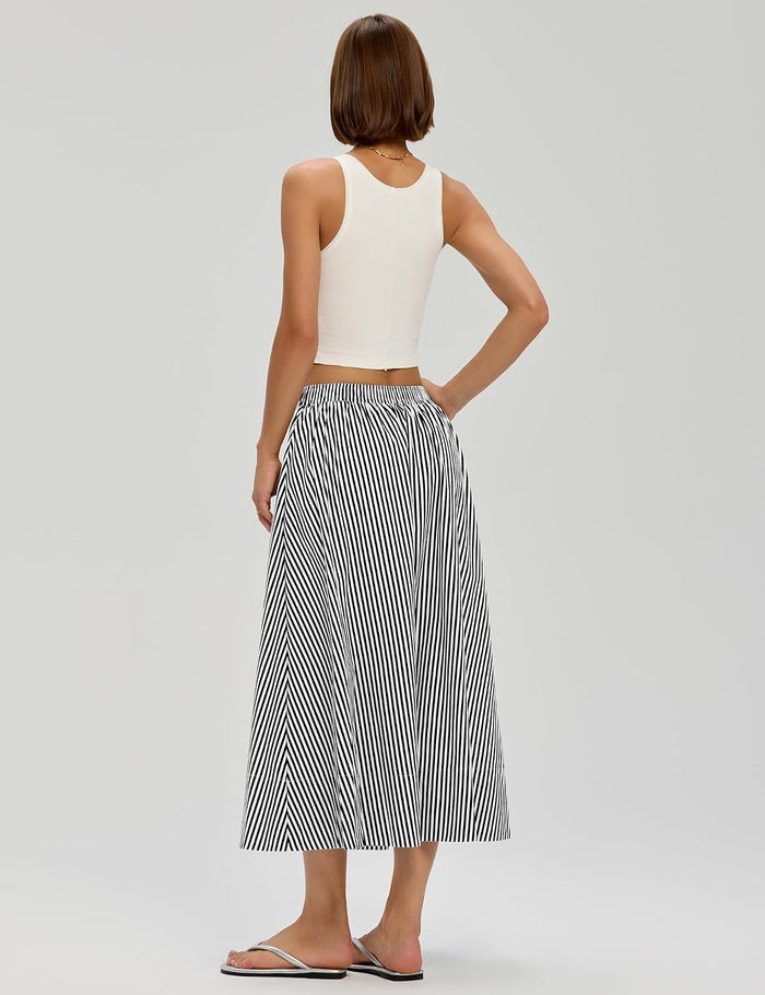 LOMON Midi Skirts for Women with Pockets A-Line Cotton Flowy Elastic Waist