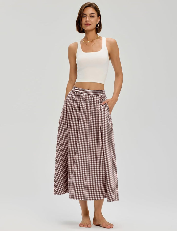 LOMON Midi Skirts for Women with Pockets A-Line Cotton Flowy Elastic Waist